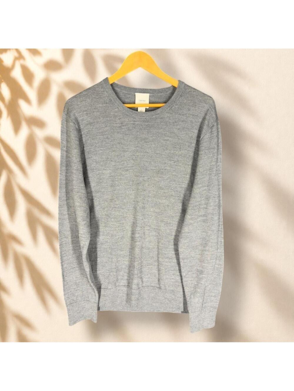 Calvin Klein Sweater Pullover Men L Large Gray Knit Long Sleeve Crew Neck Wool
